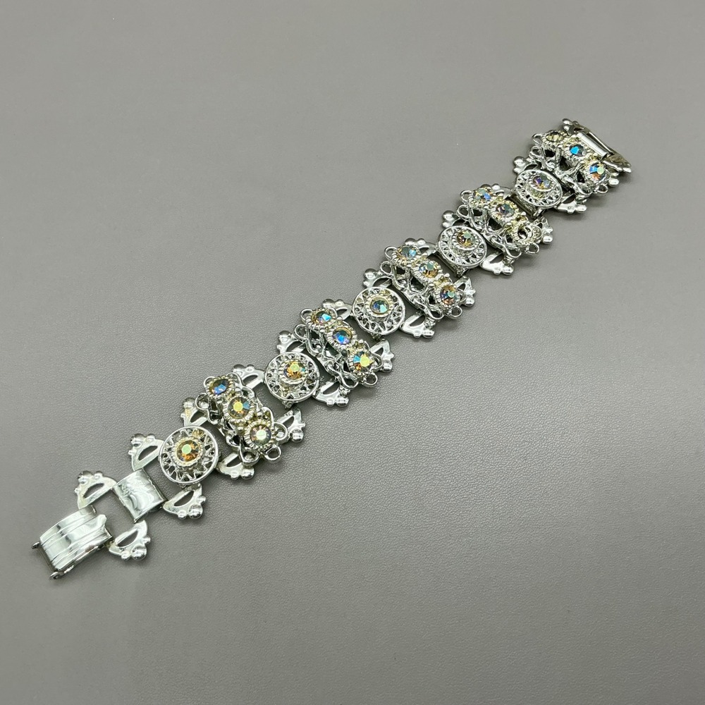 Vintage Link Bracelet Women Silver Tone Aurora Borealis Rhinestone Filigree
